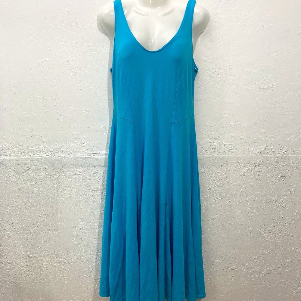 Barbara Lesser Midi Knit dress Sleeveless Fit Flare V neck Blue Made in USA M